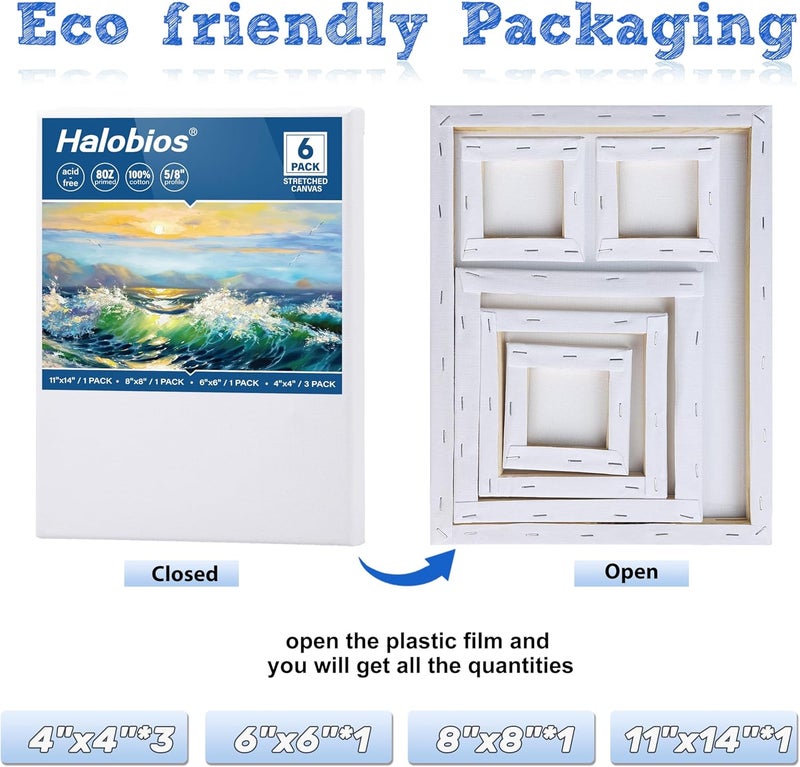 Halobios 6 Packs Stretched Canvases for Painting with 4x4 Inch, 6x6 Inch, 8x8 Inch, 11x14 Inch, Painting Canvases for Acrylics,Oils & Other Media, 5/8 Inch Profile 100% Cotton Artist Framed Canvas - Image 2